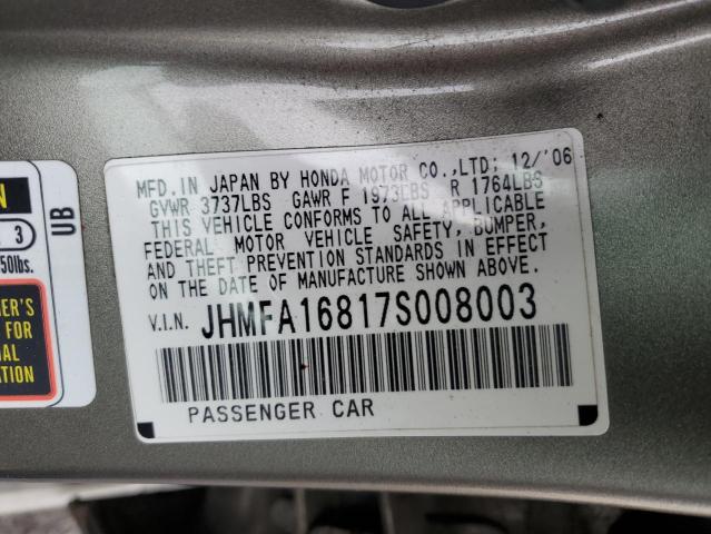 JHMFA16817S008003 - 2007 HONDA CIVIC EX GRAY photo 12