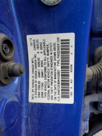 2HGFC2E80KH550827 - 2019 HONDA CIVIC SPORT BLUE photo 12