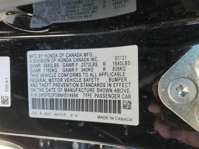 2HGFE2F58NH514984 - 2022 HONDA CIVIC SPORT BLACK photo 12