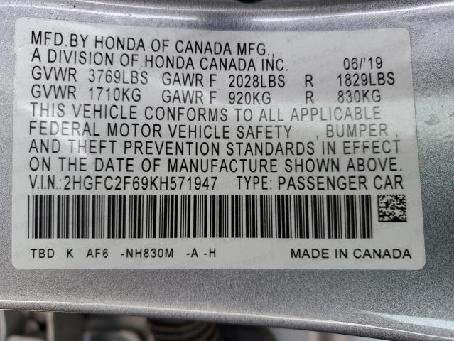 2HGFC2F69KH571947 - 2019 HONDA CIVIC LX SILVER photo 12