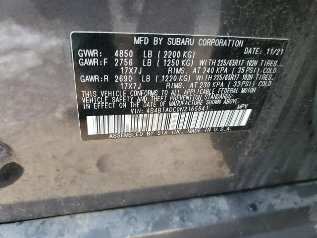 4S4BTADC0N3165641 - 2022 SUBARU OUTBACK PREMIUM GRAY photo 12