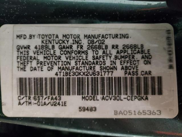 4T1BE30KX2U631777 - 2001 TOYOTA CAMRY LE GREEN photo 12