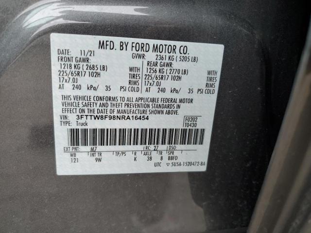 3FTTW8F98NRA16454 - 2022 FORD MAVERICK XL GRAY photo 13