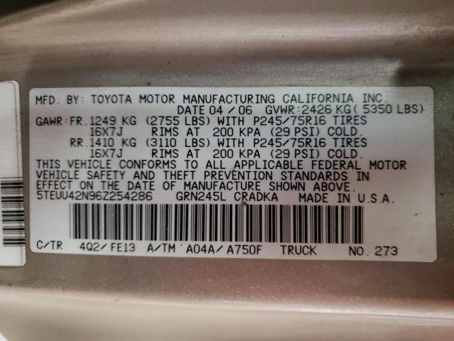 5TEUU42N96Z254286 - 2006 TOYOTA TACOMA ACCESS CAB თაფლისფერი ფოტო 12