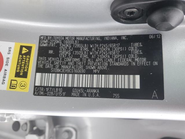 5TDBK3EH9CS160690 - 2012 TOYOTA HIGHLANDER BASE Күміс фото 12