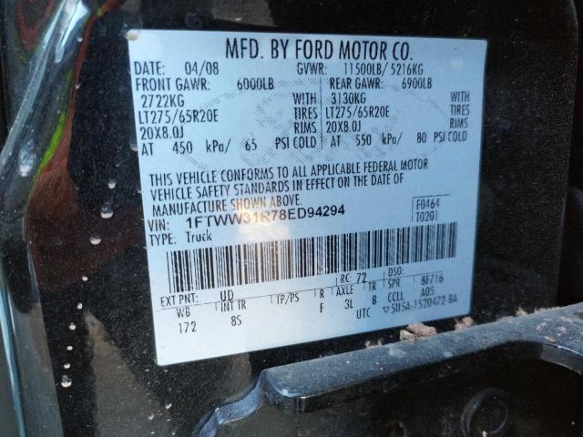 1FTWW31R78ED94294 - 2008 FORD F350 SRW SUPER DUTY BLACK photo 10