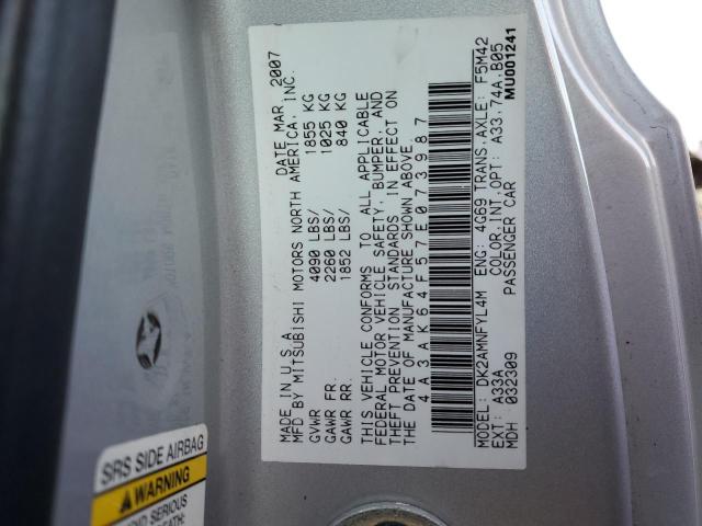 4A3AK64F57E073987 - 2007 MITSUBISHI ECLIPSE ES SILVER photo 12