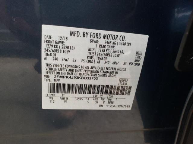 2FMPK4J93KBB33703 - 2019 FORD EDGE SEL BLUE photo 12