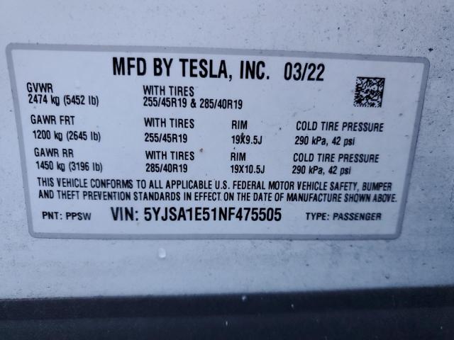 5YJSA1E51NF475505 - 2022 TESLA MODEL S WHITE photo 13