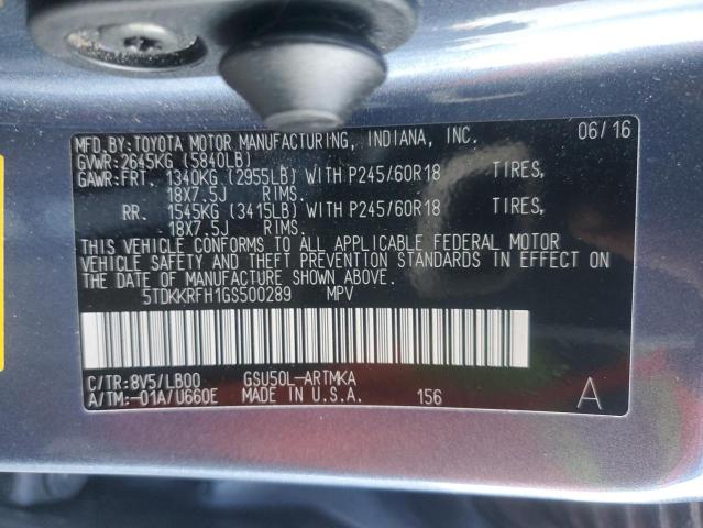 5TDKKRFH1GS500289 - 2016 TOYOTA HIGHLANDER XLE ლურჯი ფოტო 13