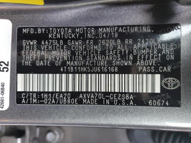 4T1B11HK5JU616168 - 2018 TOYOTA CAMRY L GRAY photo 12