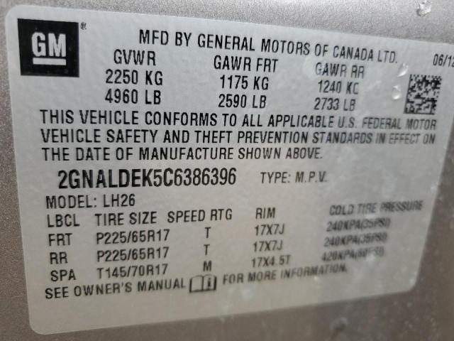 2GNALDEK5C6386396 - 2012 CHEVROLET EQUINOX LT GRAY photo 14