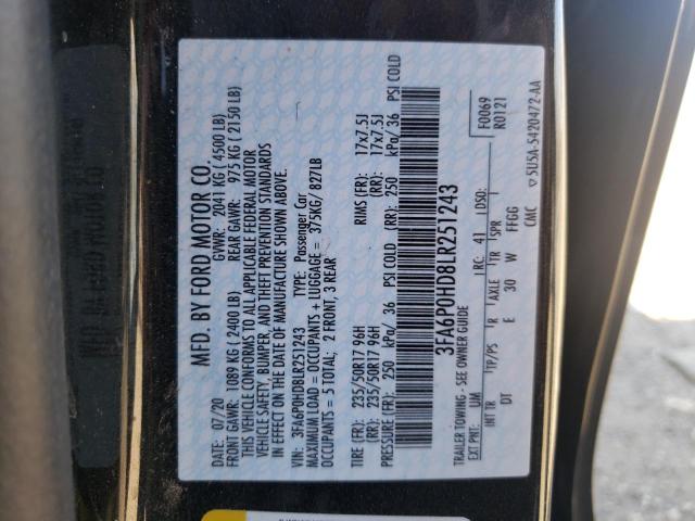 3FA6P0HD8LR251243 - 2020 FORD FUSION SE BLACK photo 12