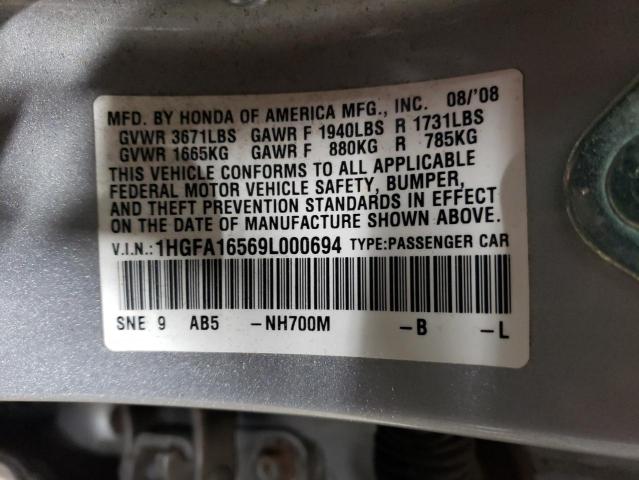 1HGFA16569L000694 - 2009 HONDA CIVIC LX SILVER photo 12