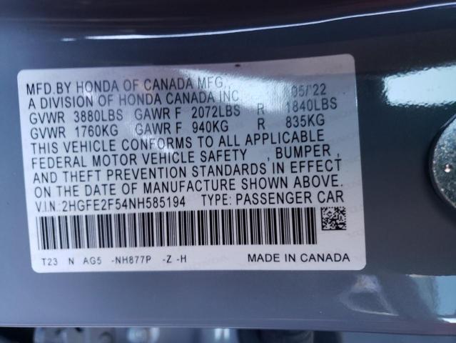 2HGFE2F54NH585194 - 2022 HONDA CIVIC SPORT 蓝色 照片 12