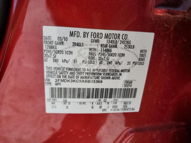2FMDK3KC8ABB35369 - 2010 FORD EDGE LIMITED RED photo 12