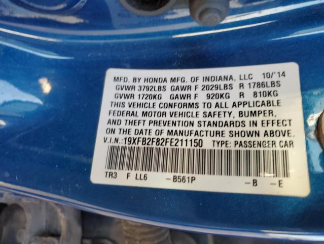 19XFB2F82FE211150 - 2015 HONDA CIVIC EX BLUE photo 12