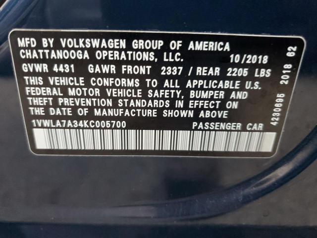 1VWLA7A34KC005700 - 2019 VOLKSWAGEN PASSAT WOLFSBURG BLUE photo 12