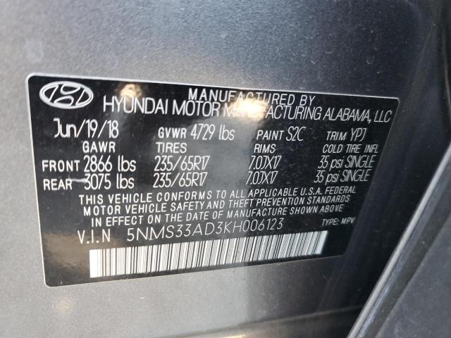 5NMS33AD3KH006123 - 2019 HYUNDAI SANTA FE SEL GRAY photo 13