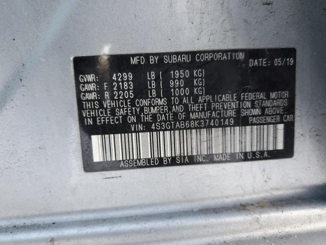 4S3GTAB68K3740149 - 2019 SUBARU IMPREZA SILVER photo 12