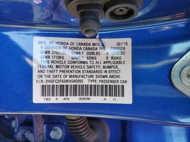 2HGFC2F65KH540095 - 2019 HONDA CIVIC LX BLUE photo 12