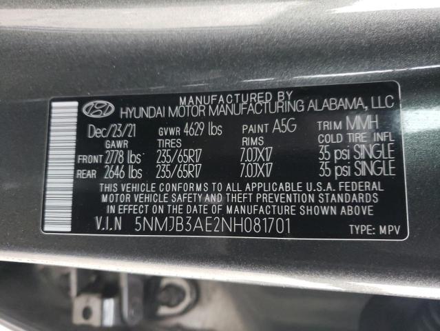 5NMJB3AE2NH081701 - 2022 HYUNDAI TUCSON SEL GRAY photo 13