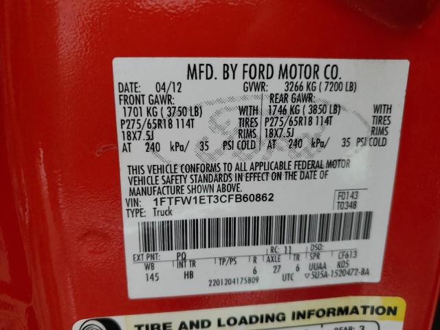 1FTFW1ET3CFB60862 - 2012 FORD F150 SUPERCREW RED photo 12