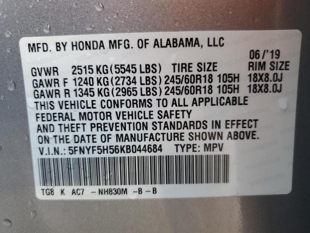 5FNYF5H56KB044684 - 2019 HONDA PILOT EXL SILVER photo 13