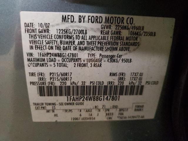 1FAHP24W88G147801 - 2008 FORD TAURUS SEL BLUE photo 12