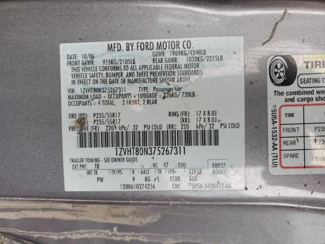 1ZVHT80N375267311 - 2007 FORD MUSTANG GRAY photo 12