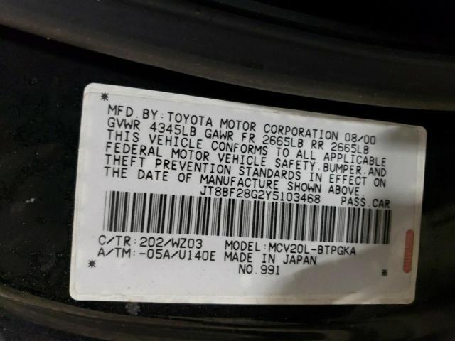 JT8BF28G2Y5103468 - 2000 LEXUS ES 300 BLACK photo 12