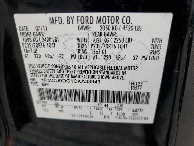 1FMCU0DG1CKA33943 - 2012 FORD ESCAPE XLT BLACK photo 12