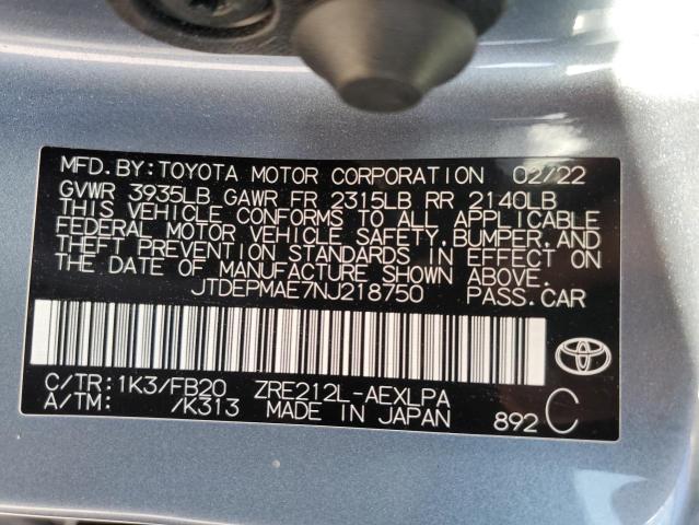 JTDEPMAE7NJ218750 - 2022 TOYOTA COROLLA LE BLUE photo 12