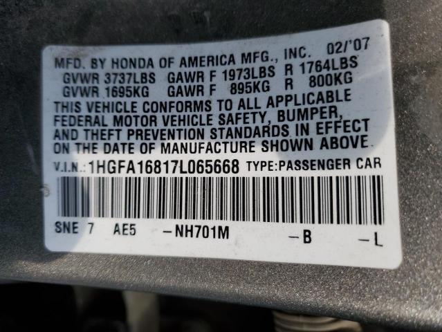 1HGFA16817L065668 - 2007 HONDA CIVIC EX GRAY photo 12