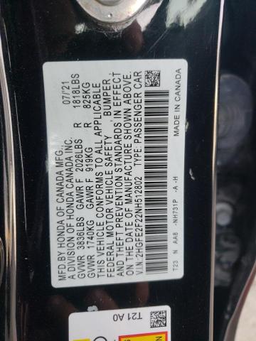 2HGFE2F22NH512802 - 2022 HONDA CIVIC LX BLACK photo 12