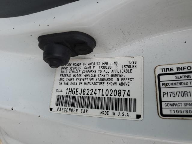 1HGEJ6224TL020874 - 1996 HONDA CIVIC DX WHITE photo 12