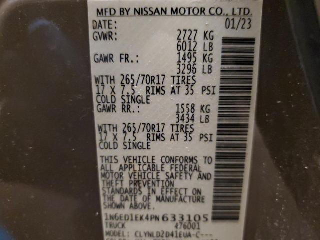 1N6ED1EK4PN633105 - 2023 NISSAN FRONTIER S BROWN photo 12