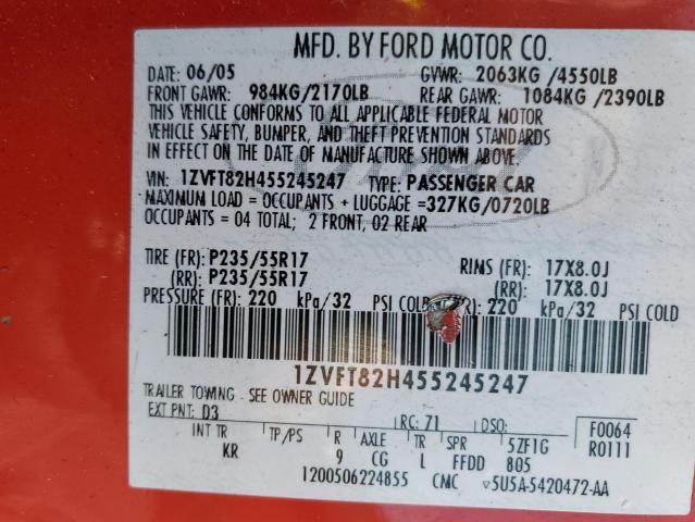 1ZVFT82H455245247 - 2005 FORD MUSTANG GT RED photo 12