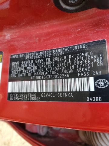 4T1BK46K37U052286 - 2007 TOYOTA CAMRY LE RED photo 12
