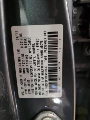 1HGCP2F33CA138637 - 2012 HONDA ACCORD LX CHARCOAL photo 12