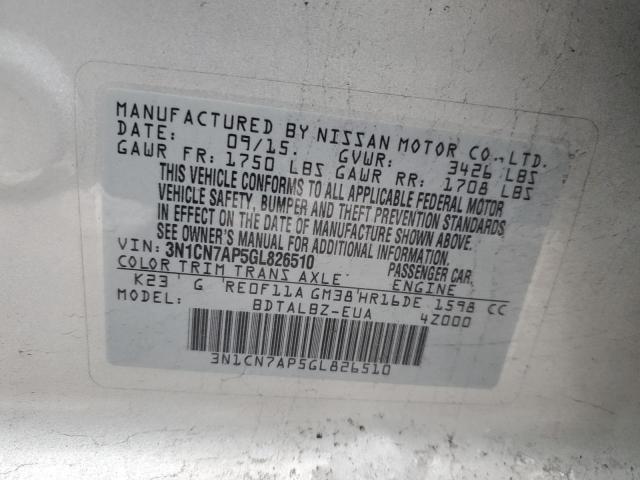 3N1CN7AP5GL826510 - 2016 NISSAN VERSA S SILVER photo 12