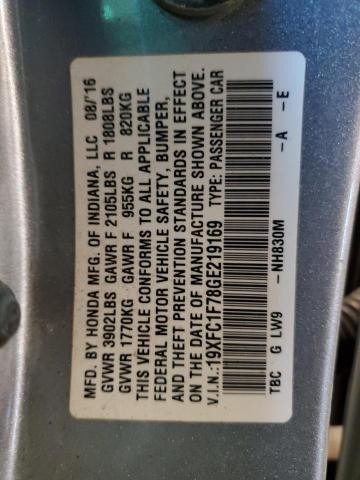 19XFC1F78GE219169 - 2016 HONDA CIVIC EXL ვერცხლისფერი ფოტო 12