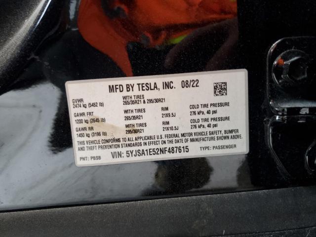 5YJSA1E52NF487615 - 2022 TESLA MODEL S შავი ფოტო 12
