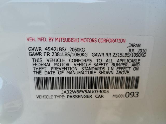 JA32W6FV5AU034005 - 2010 MITSUBISHI LANCER EVOLUTION SE WHITE photo 13