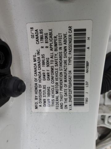 2HGFC2F70JH542134 - 2018 HONDA CIVIC EX WHITE photo 12