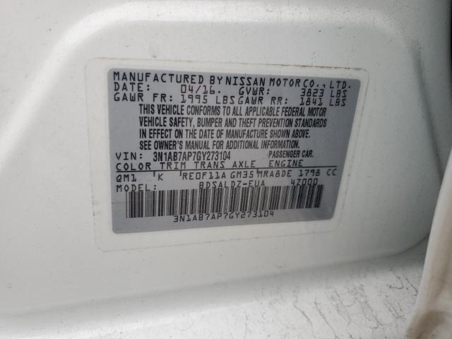 3N1AB7AP7GY273104 - 2016 NISSAN SENTRA S WHITE photo 13