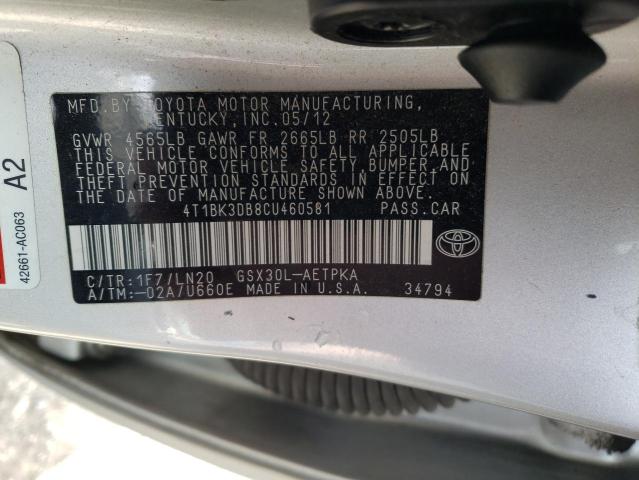 4T1BK3DB8CU460581 - 2012 TOYOTA AVALON BASE 银色 照片 13