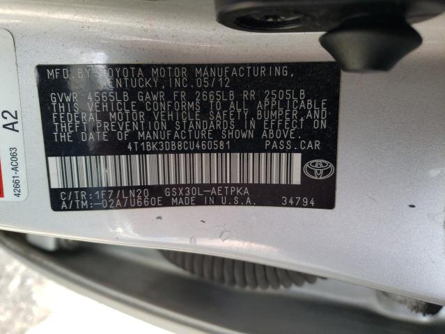 4T1BK3DB8CU460581 - 2012 TOYOTA AVALON BASE SILVER photo 13