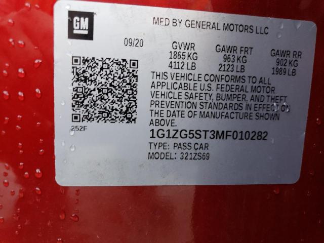 1G1ZG5ST3MF010282 - 2021 CHEVROLET MALIBU RS RED photo 12