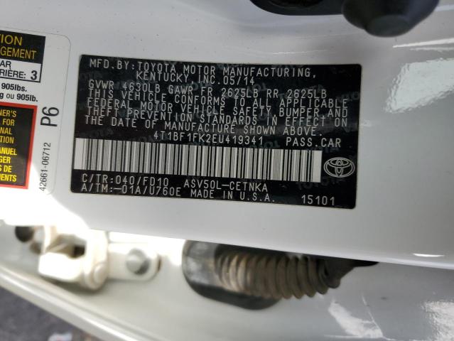 4T1BF1FK2EU419341 - 2014 TOYOTA CAMRY L WHITE photo 13